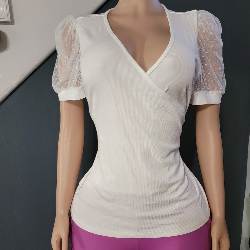 Chic White Wrap Blouse with Sheer Sleeves